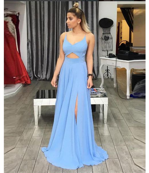 

уникальный дизайн бретельках шифон светло-голубой платье с высоким сплит-line пром платья на продажу sexy back формальные летние платья, Black