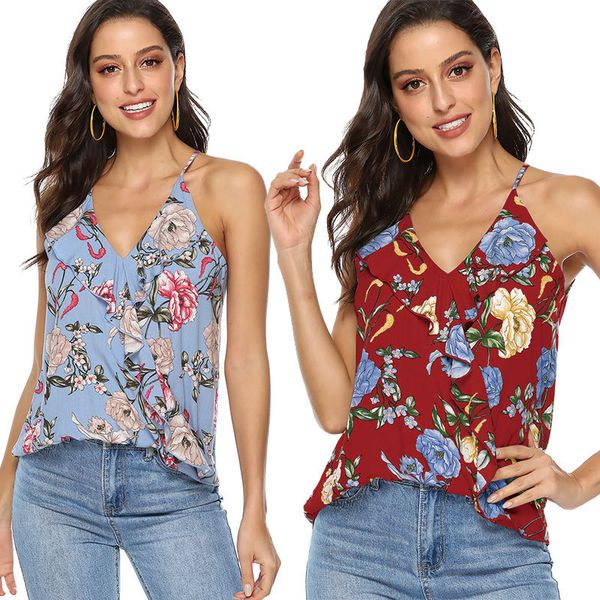 

orwindny women tanks summer camis printing ruffles beach style loose, White