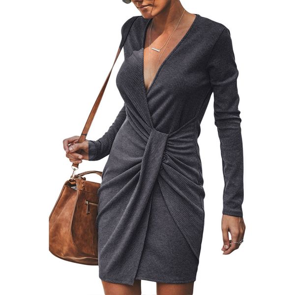 

women girl v-neck autumn dress wrinkled long sleeves pure color, Black;gray