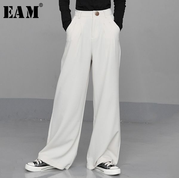 

eam] high waist white leisure pleated long wide leg trousers new loose fit pants women fashion tide spring autumn 2020 1n672, Black;white