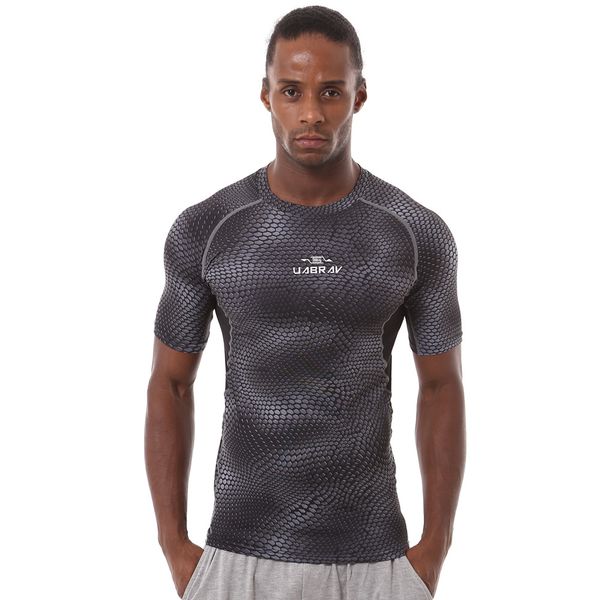 

uabrav gym shirt men short sleeve sport t shirt breathable snake pattern fitness basketball training jersey compression shirts, Black;blue