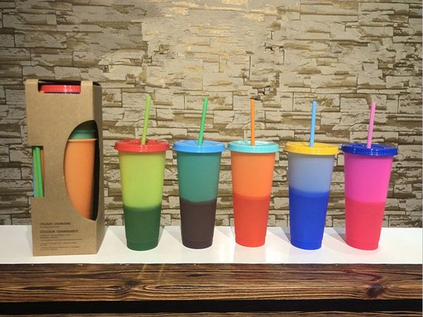 

5pcs lot 24oz color changing tumblers 510ml plastic magic cups pp thermochromic coffee mug with lid straw temperature cold water bottle