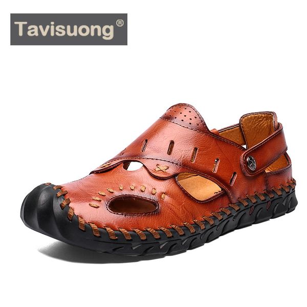 

tavisuong 2020 men sandals beach summer leather sandals men roman flip flop outdoor water trekking fashion shoes big size 39-48, Black