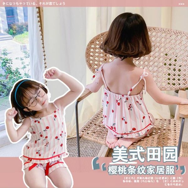 

7plus1 girls summer pajamas cherry nighty cute camisole sweet nightgown child nightclothes suits 2-10y leisure wear loungewear, Blue;red