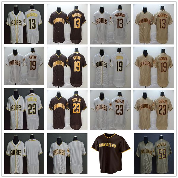 

2020 new season baseball 13 manny machado jerseys stitched 19 tony gwynn 23 fernando tatis jr 59 chris paddack gold white brown jersey, Blue;black