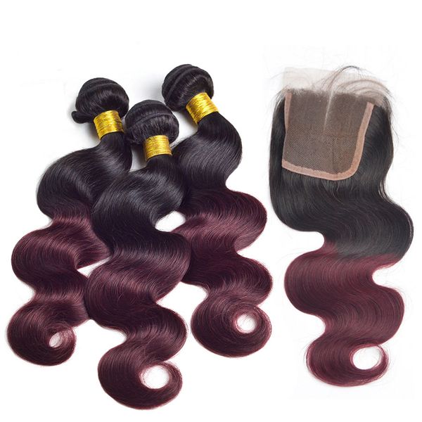 

ombre связки с закрытие 1b / 99j бразильский волос объемная волна связки с закрытием ombre burgundy связки с закрытие свободный / средний, Black;brown