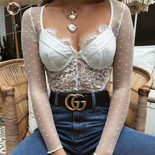 

lace bodysuit embroidery polka dot vintage romper women jumpsuit summer perspective femme long sleeve bodysuit, Black;white