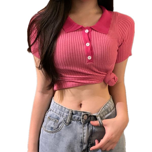 

2020 summer korean style women short sleeve button neck stripe knitted tshirt slim female bodycon t-shirts high street tee top, White