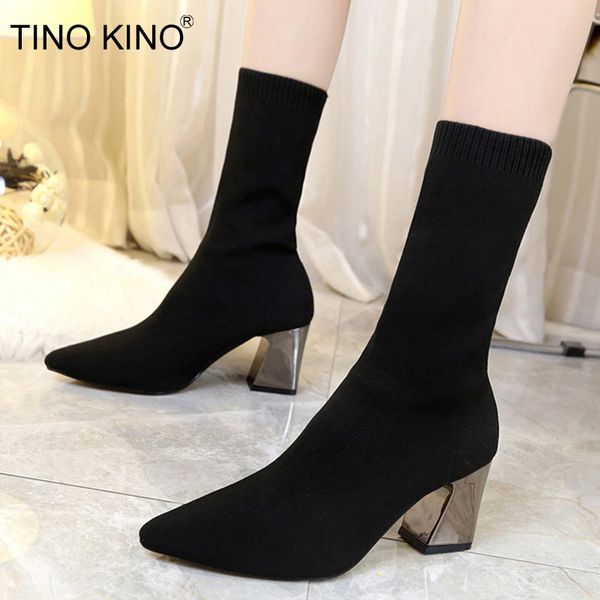 

new ankle boots stretch knitting sock boots plus size pointed toe spring high heels female slip on lady shoes, Black