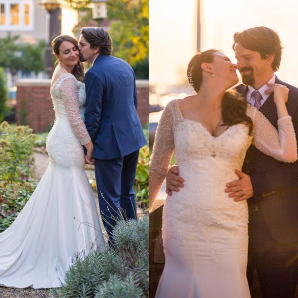 

gorgeous lace mermaid wedding dress sweetheart backless long sleeve bridal gown with crystal pearls plus size, White