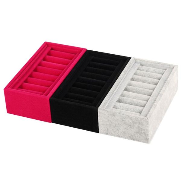 

velvet 8 slot ring jewelry display organizer holder black grey rose red jade bangle cufflinks storage showcase stand tray, Pink;blue
