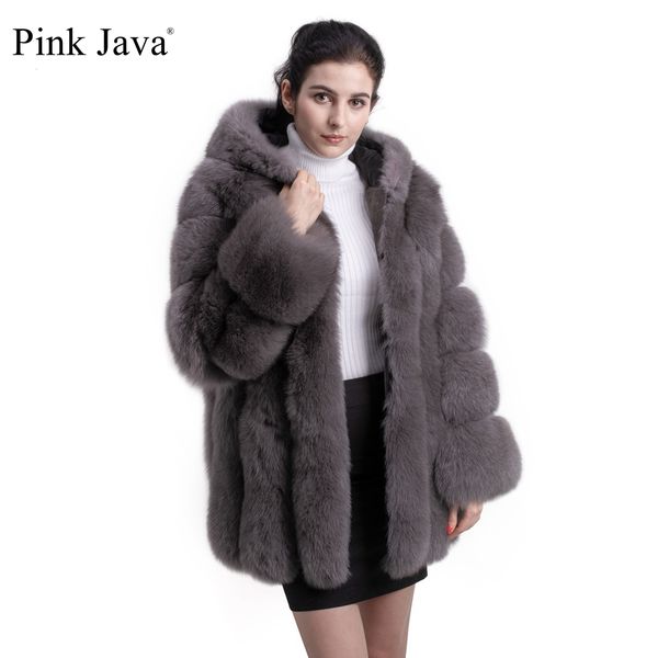 

pink java qc8149 2018 new model women real fur coat long sleeves hood coat gebuine outfit high quality, Black