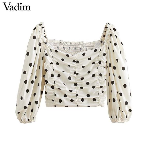 

vadim women polka dots short style blouse slash neck back elastic lantern sleeve shirts side zipper sweet crop blusas da248, White