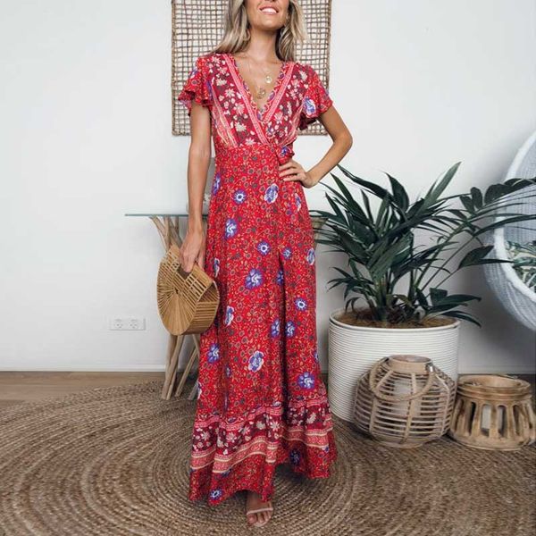 

boho inspired 2019 summer dress ruffles sleeve red blossom long dress bohemian women holiday beach vestidos, Black;gray