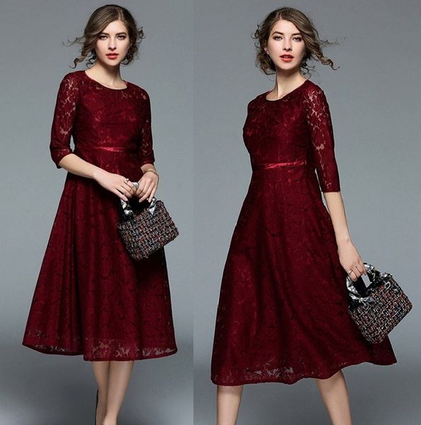 

custom made dull red modest a line short mother of the bride dresses lace tea length vintage half sleeve party gowns, Black;red