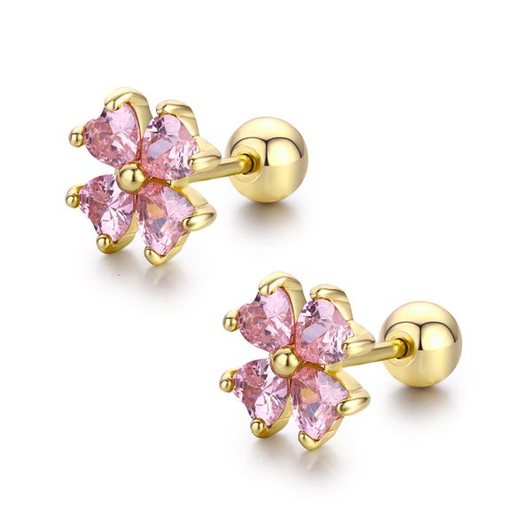 

7colors cute heart cz stones clover flower screw back stud earrings for women baby kids girls gold color piercing jewelry aros, Golden;silver