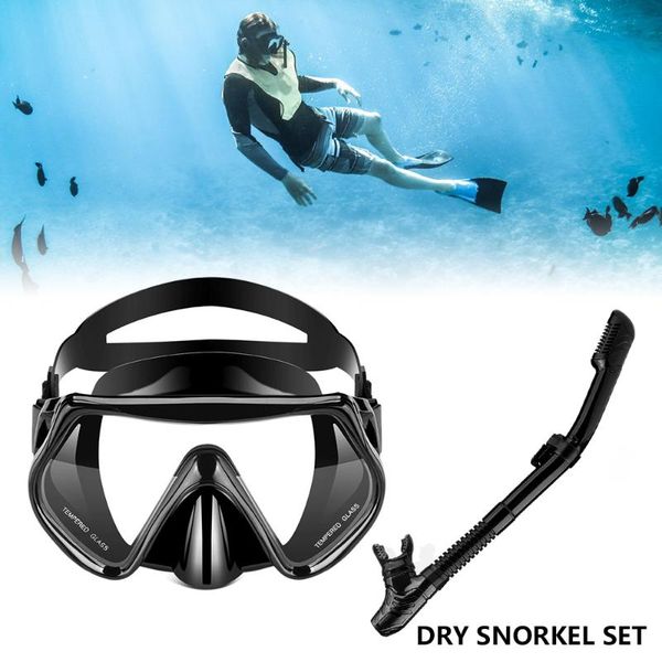 

dry snorkeling set professional diving mask tube set silicone skirt four-lens panoramic scuba diving mask dry snorkel for adults