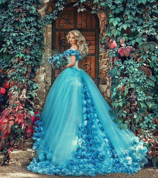 2019 azul cinderela vestidos de baile 3d flor quinceanera vestidos de baile vestido de fada fora do ombro tule doce 16 vestidos de noite vestidos
