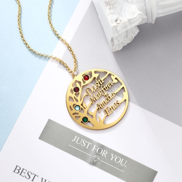 

customized 4 birthstones neckalce family tree of life round pendants nameplate necklaces personalized gifts for mother grandma, Silver