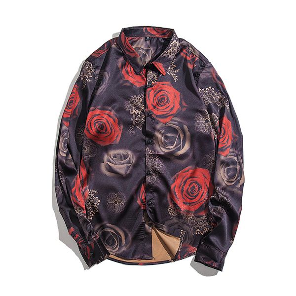 

retro floral printed man casual shirts fashion classic men dress shirt breathable men's long sleeve slim clothing, White;black