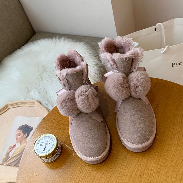 

women short winter boots pom-pom style ankle snow boots shoes for girls sheepskin suede leather shearling wool fur lined u11-30, Black