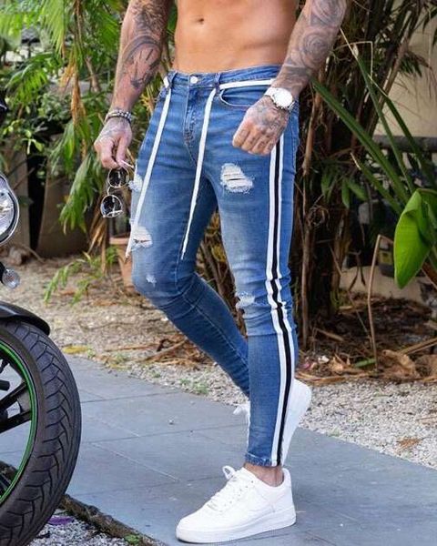 

4 colors skinny pencil jeans for men luxury designer mens ripped jeans striped hole belt denim pants black plus size slim long pants s-3xl, Blue