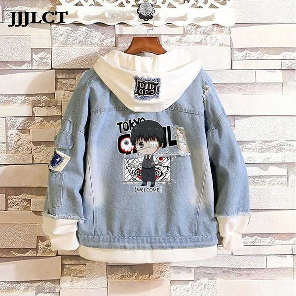 

tokyo ghou cosplay hoodies costume men women denim coat fake two pieces sweatshirt print single breasted casual full regular dox, Black