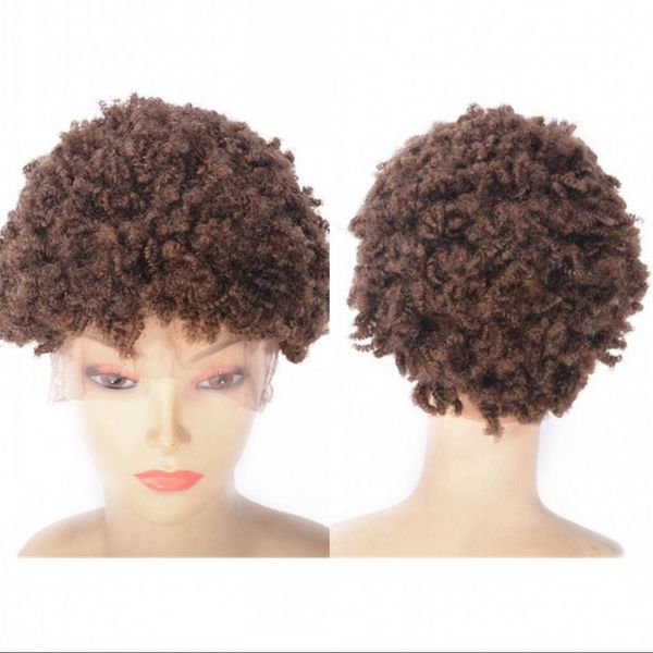 

peruvian lace front wig colored 27# tight kinky curly short remy human hair wigs for black women, Black;brown