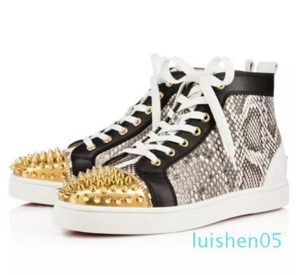 

2020 new designer spikes high sneakers flat,studs red bottom casual shoes mens red sole trainer al05, Black