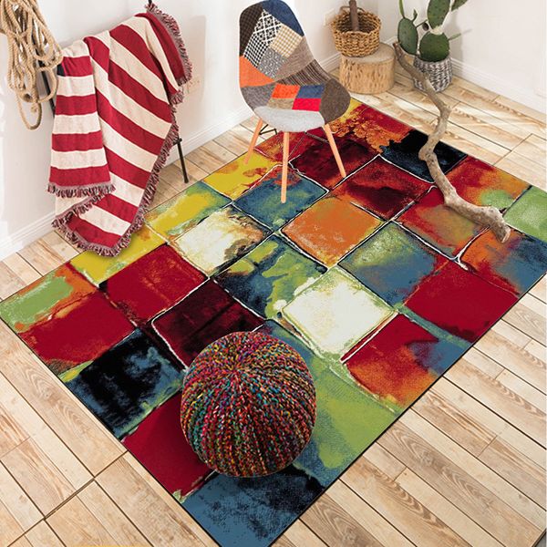

european fashion abstract yellow red green multicolor carpet square painting floor mat bedroom door living room kitchen rug