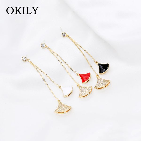 

okily fashion three color zircon skirt shape drop earrings for women classic rhinestone tassel long ginkgo leaf earring jewelry, Silver