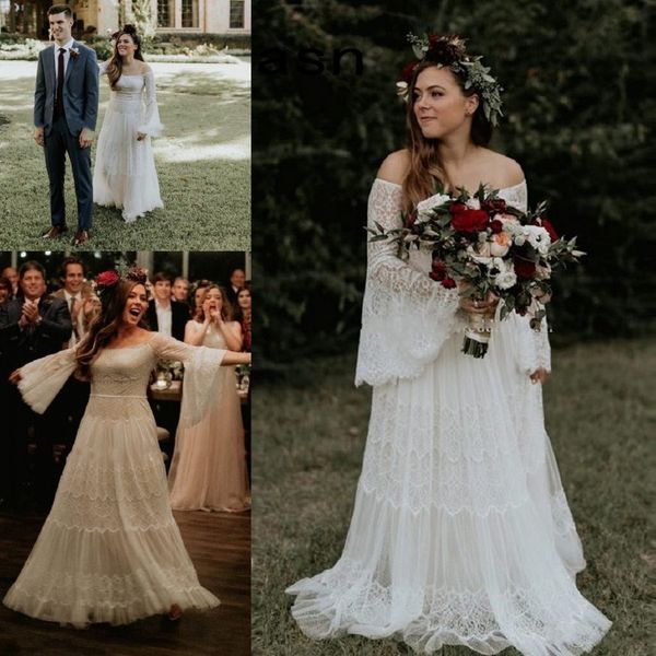 

2019 a line кружева богемные свадебные платья western country сад лес с плеча длинные рукава свадебные платья плюс размер, White