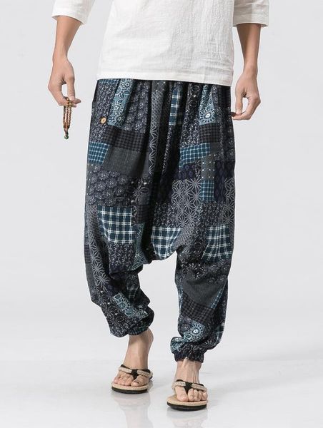 

men's pants fashion vintage floral panel pattern jogger linen harem cross men male summer beach trousers, Black