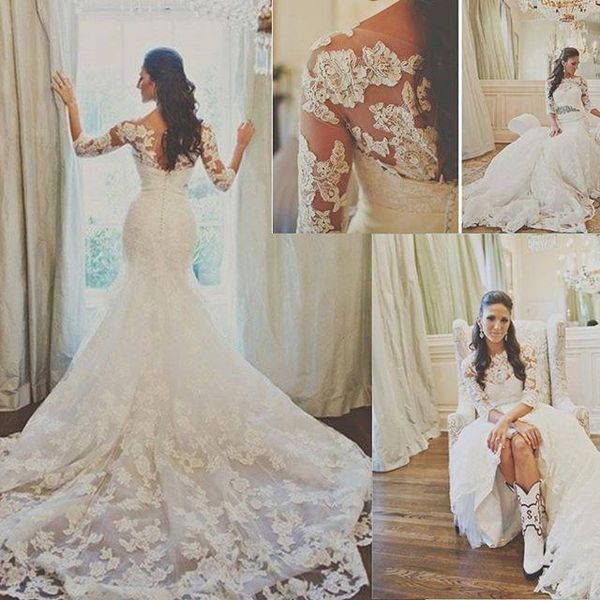 

sheer sweetheart neck mermaid lace wedding dress half sleeves fit to flare bridal dress gown with removable sash, White