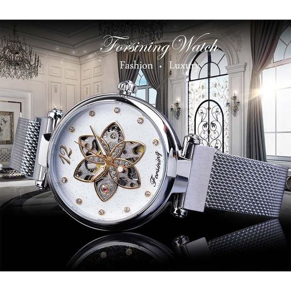 

diamond luminous mechanical watch forsining automatic slim clock silver mesh womens watch casual ladies waterproof fashion hand kxler, Slivery;brown