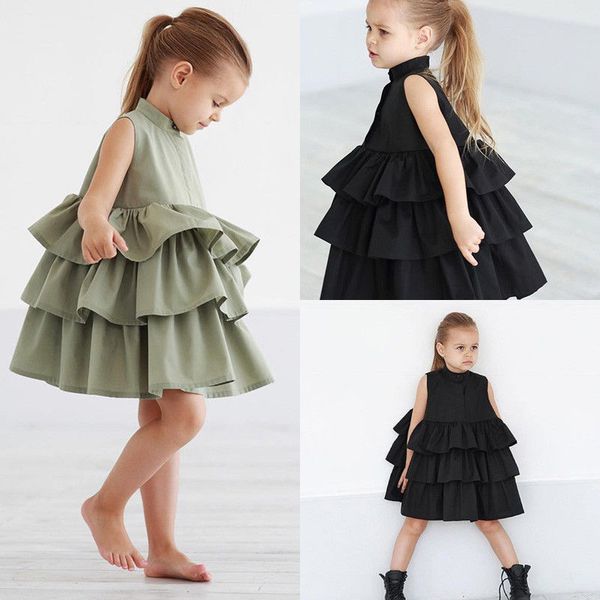 

Summer Toddler Baby Girls Dresses Black Green Ball Gown Kid Girl Sleeveless O Neck Cake Ruffled Tutu Bubble Dress 2-6T