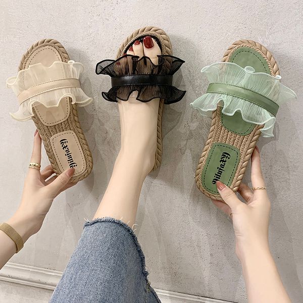 

shoes slippers flat slipers women lady lace low slides 2020 girl soft rome pu basic lace female shoes womens, Black