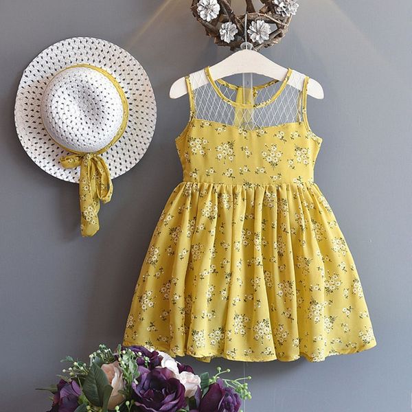 

baby girl embroidered dress flower sleeveless kid floral cotton girls dresses summer girl clothes with hat home clothing 2 color fa1907, Blue;gray