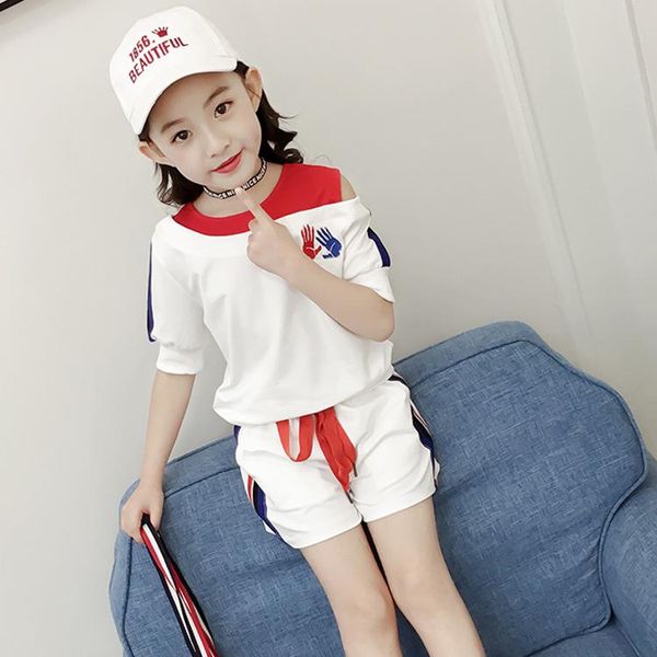 

детская одежда новое лето хлопок плеча с коротким рукавом девочки комплект с коротким рукавом футболка + шорты ребенок девочка одежда, White