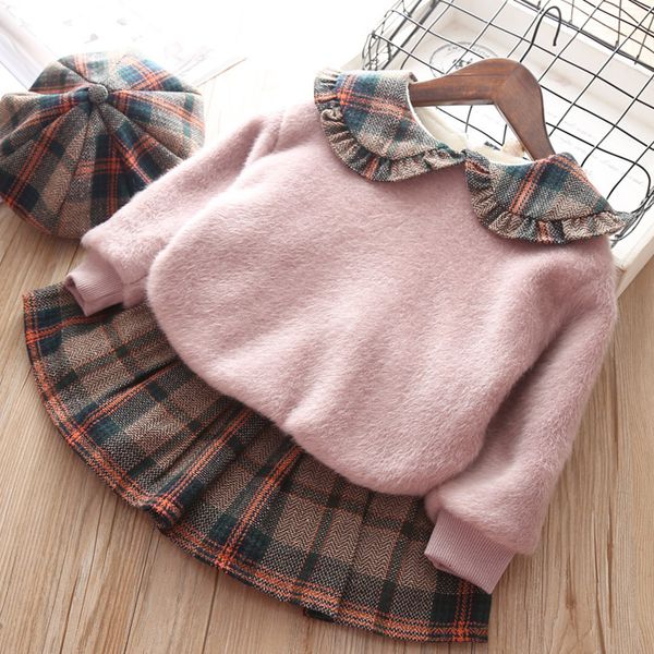 

autumn winter baby girls cashmere clothing set children thickening sweater fashionable pleated skirt hat/bag clothing sets t200413, White