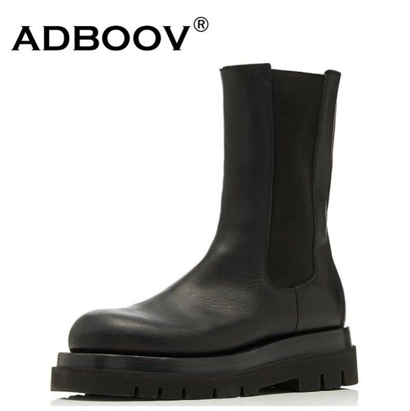 

adboov buffalo leather boots women mid calf slip on black boots platform for ladies