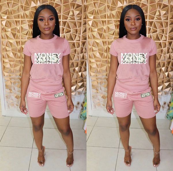 

Womens Summer Dollar Print 2Pcs Suits Crew Neck Short Sleeve Pullover Feamle Tracksuits Fashion Casual Clothing