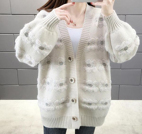 

2020 spring and autumn winter with new style fashion women long sleeve cardigan v-neck sweater coat, White