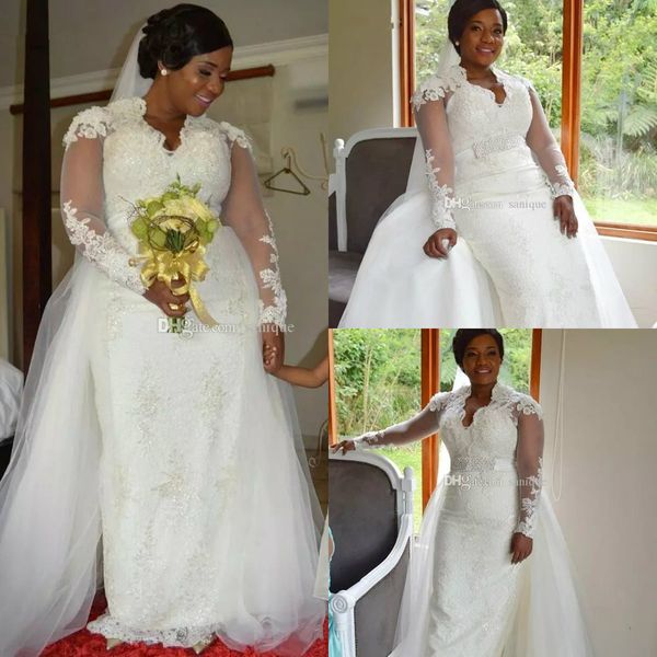 

modest plus size wedding dresses v neck lace appliques long sleeve mermaid wedding dress detachable skirts custom made pearls bridal gowns, White