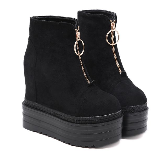 

increase heel boots lady front zipper super high heel platform ankle boots wedges, Black
