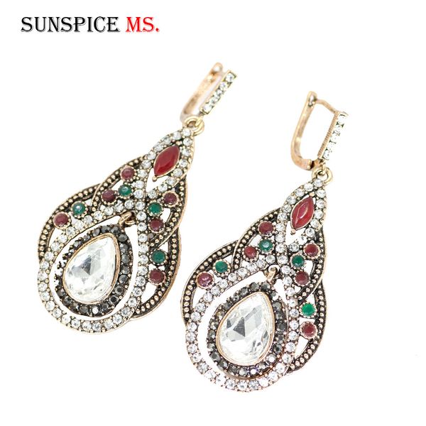 

sunspice ms big drop earrings for women multicolor crystal flower dangle earrings antique gold color turkish wedding jewelry, Silver