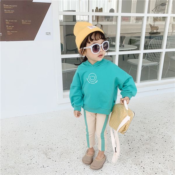 

2020 selling baby girls 2 pcs set smile hooded t shirt+long pants fashion spring kids girls suit 1-6t, White