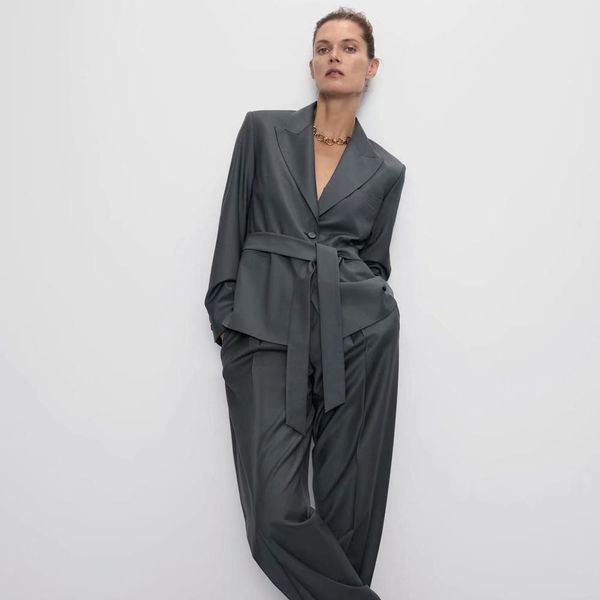 

fashion women gray suit coat jacket with belt work wear office ladies long sleeve v neck coats commute female wholesale, White;black