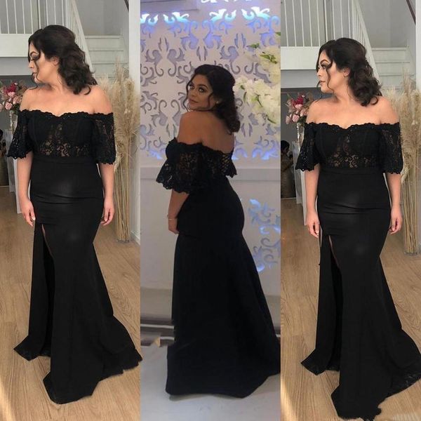 

vintage black mermaid evening dresses long split off the shoulder lace applique formal chiffon prom party dress