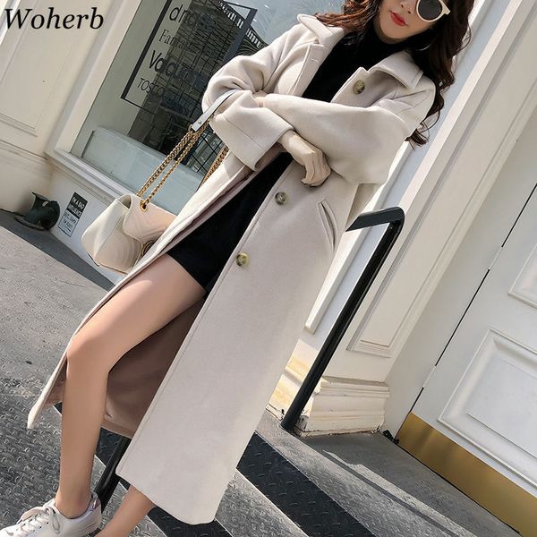 

woherb autumn winter coat women 2019 casual wool solid jackets blazers female elegant long coats ladies korean slim outwear, Black